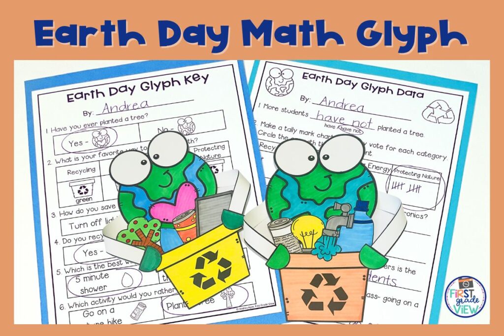 Image of an Earth Day math activity where students answer questions and make an Earth and recycle craft.