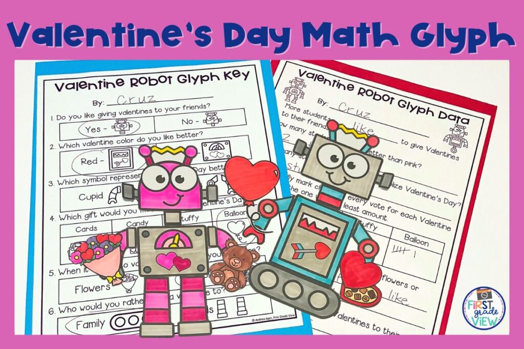 Image of a Valentine's Day math activity where students answer questions and make a robot.
