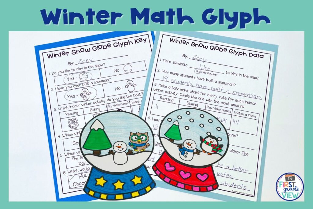 Image of a winter math activity where students answer questions and make a snow globe.