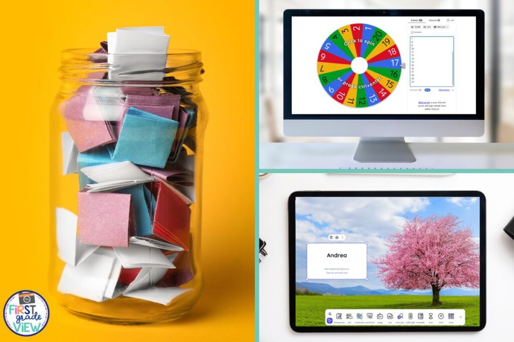 Image of a jar of folded papers with student names written on them, a computer screen with Wheel of Names, and an i-Pad with the random name picker on Classroomscreen.com. 