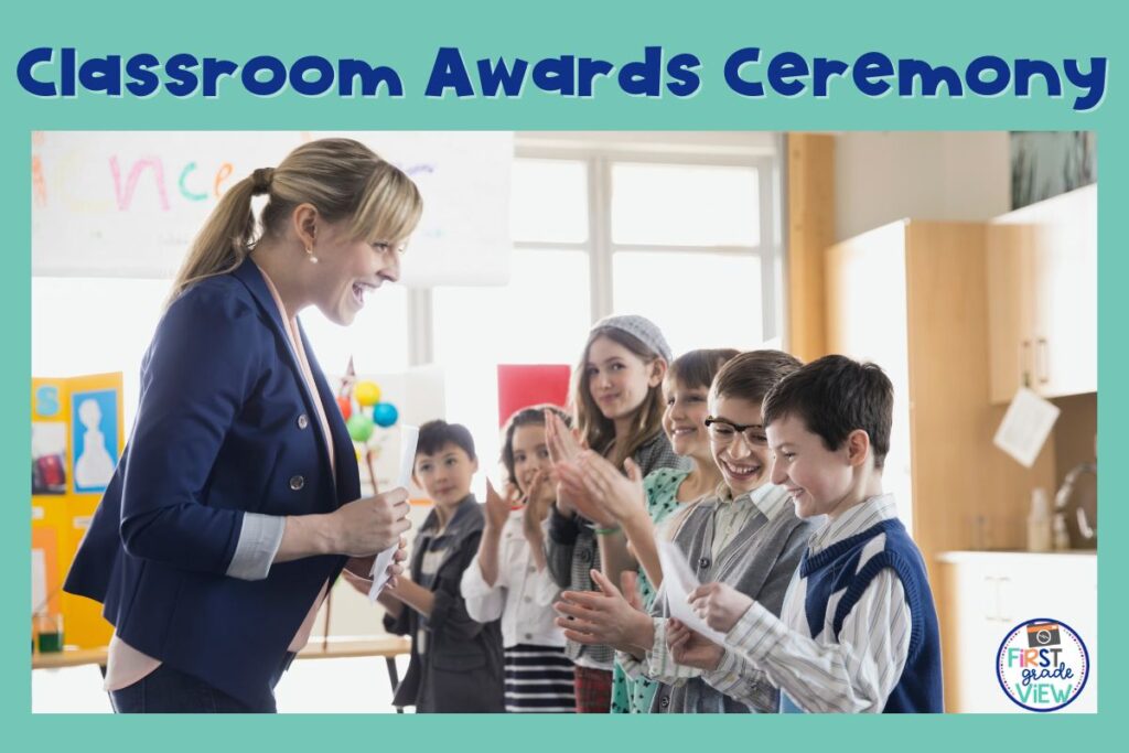 Image of a teacher handing out awards to students. 