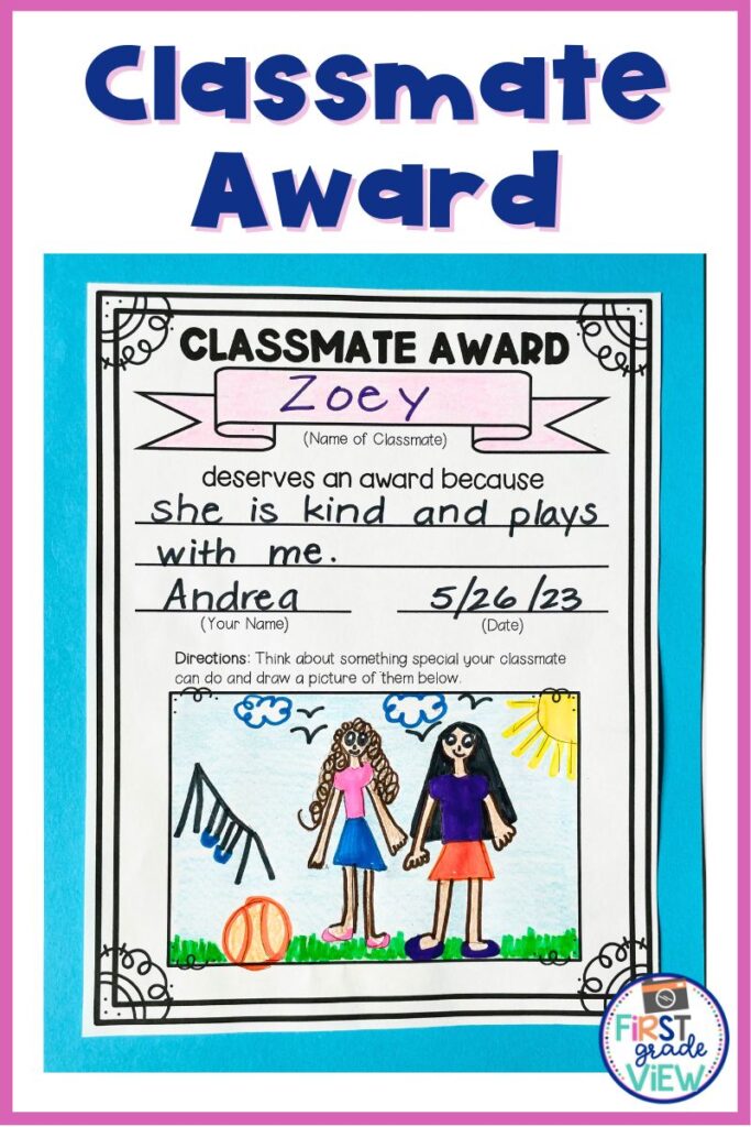 Image of a sample classmate award given to students at the end of the year. 