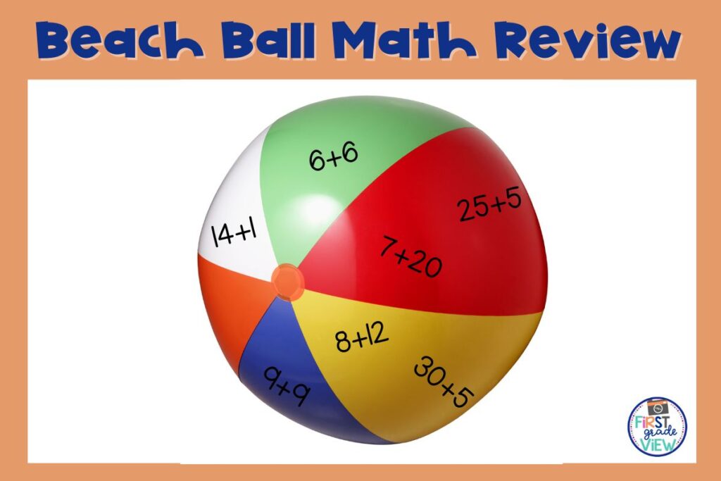 Image of a beach ball with addition math problems on it. 