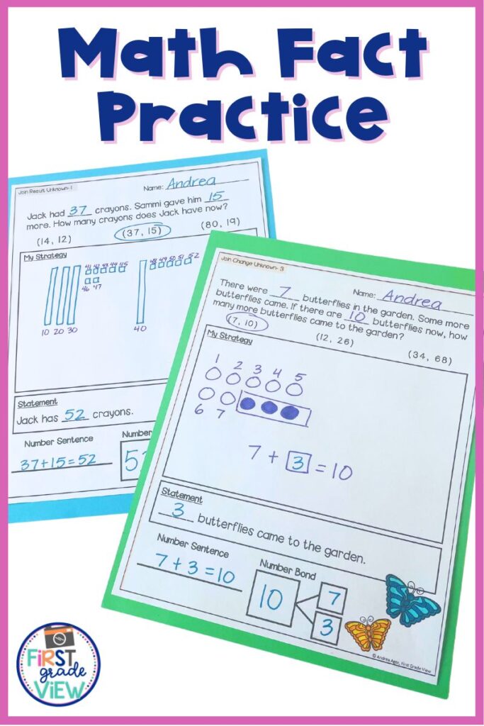 Image of word problems being used for math fact fluency. 