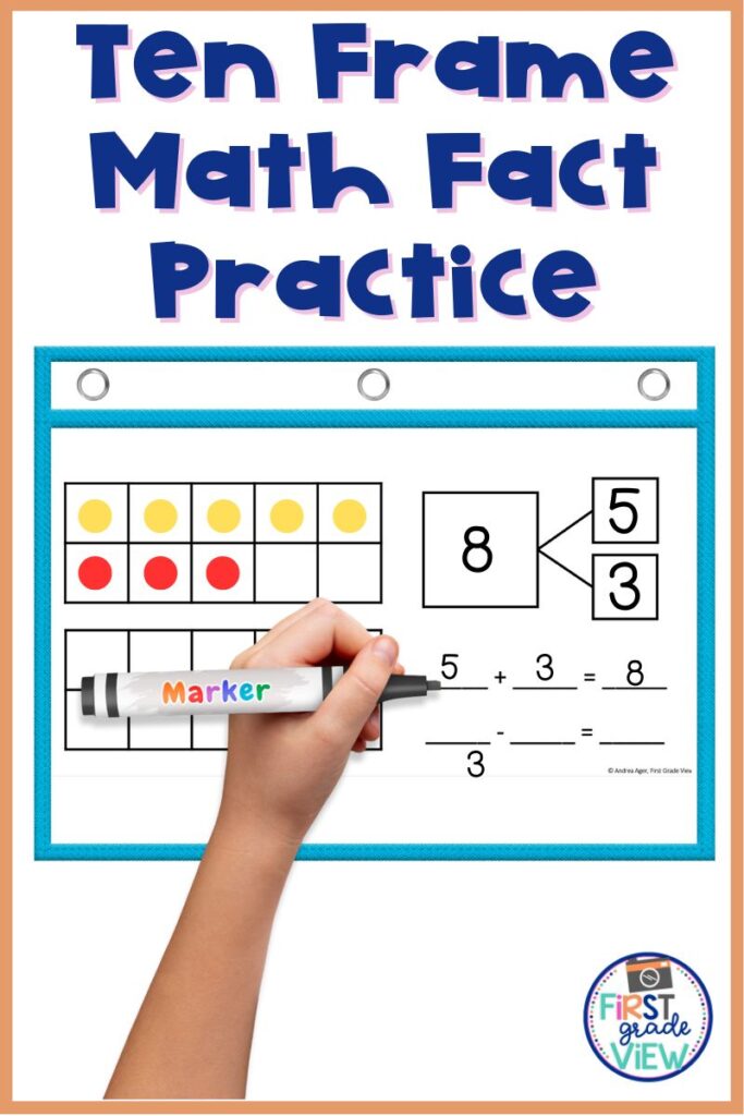 Image of a student using a tend frame and math counters to solve an addition problem. 