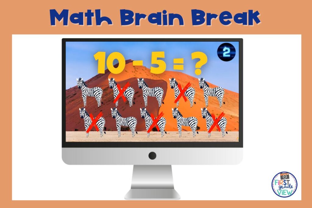 Image of a computer with a subtraction math brain break activity from YouTube. 