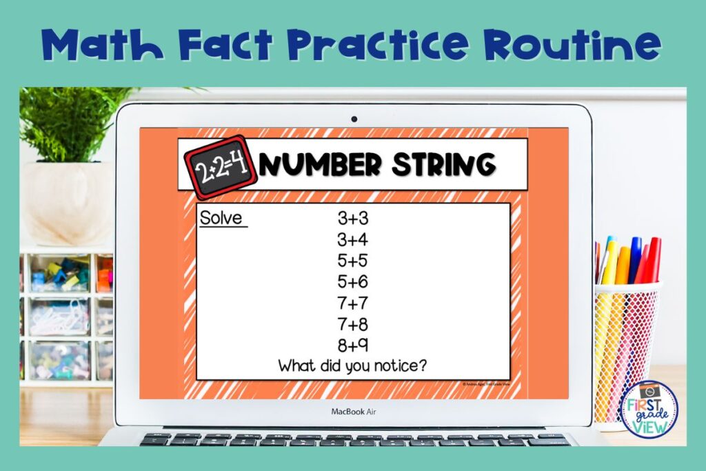 Image of a computer with a number string activity for students to solve and discuss. 