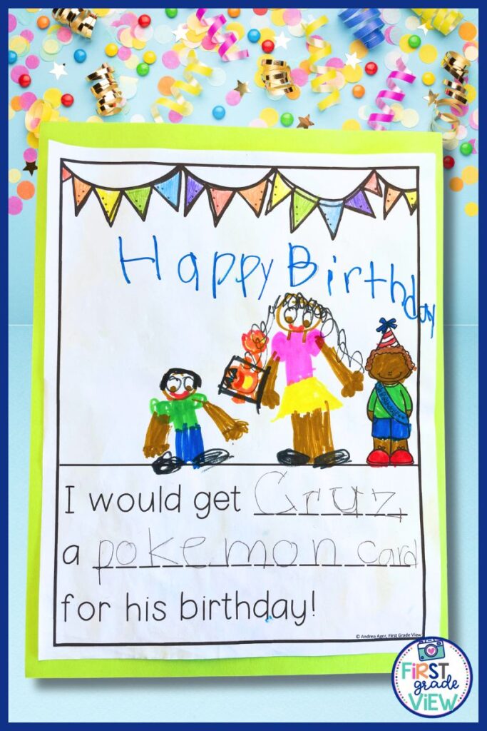 Image of a sample page of a birthday book where students write and draw a picture of what they would get their peer.