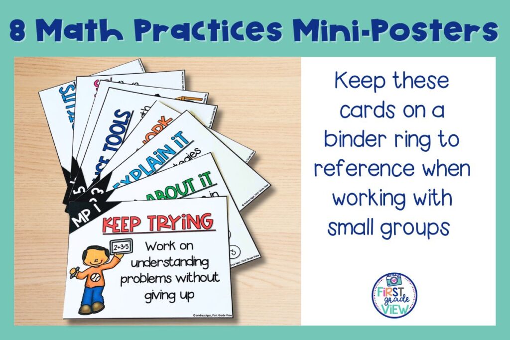 Image of a smaller sized version of 8 math practices posters that a teacher can use when working with small groups.