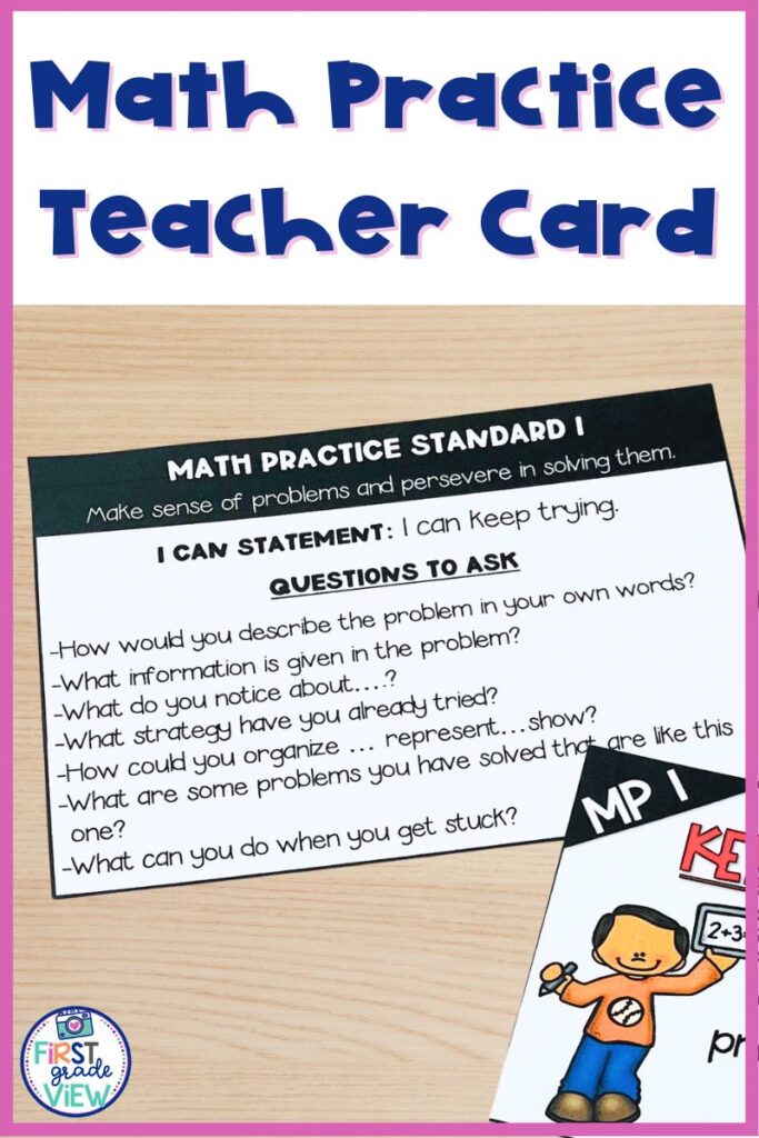 Image of a card with math practice 1 and questions a teacher can ask students pertaining to the practice.