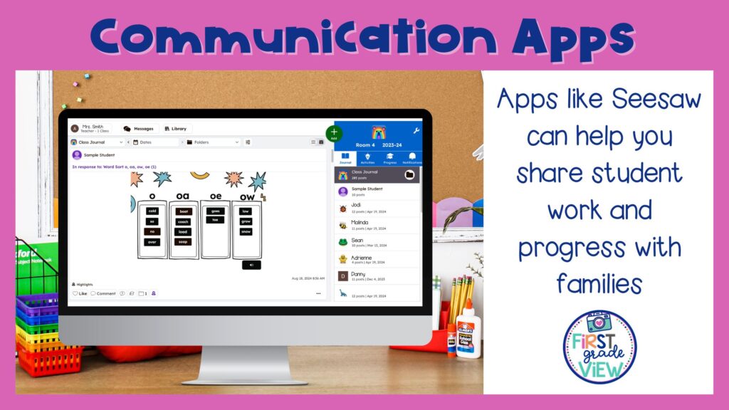 Image of a Seesaw post on a computer. Text on screen says, "Apps like Seesaw can help you share student work and progress with families."