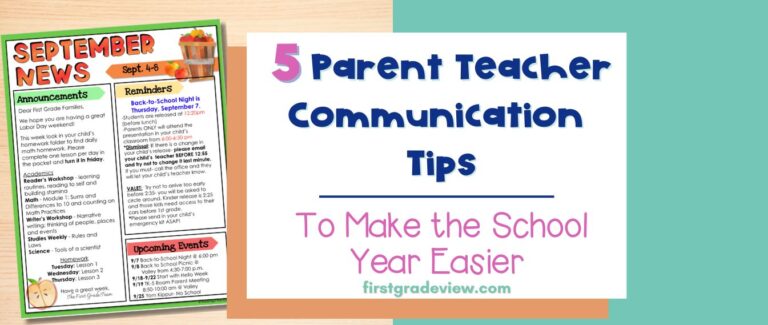 Image of a classroom newsletter and blog title, "5 Parent-Teacher Communication Tips to make the School Year Easier".