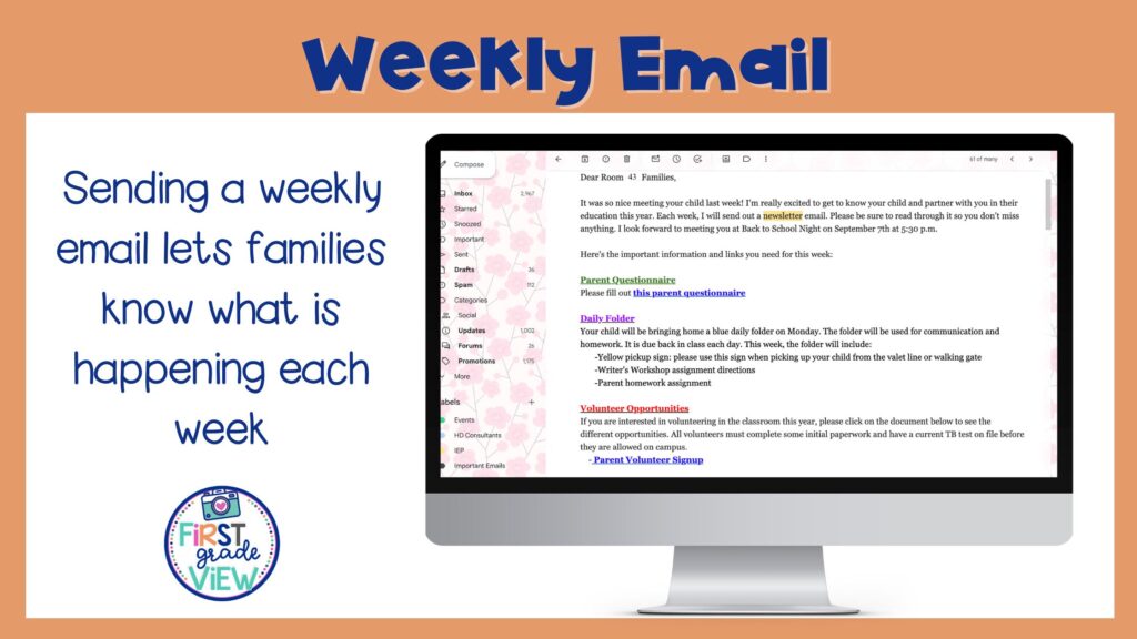 Image of a weekly teacher email on a computer. Text on screen says, "Sending a weekly email lets families know what is happening each week."