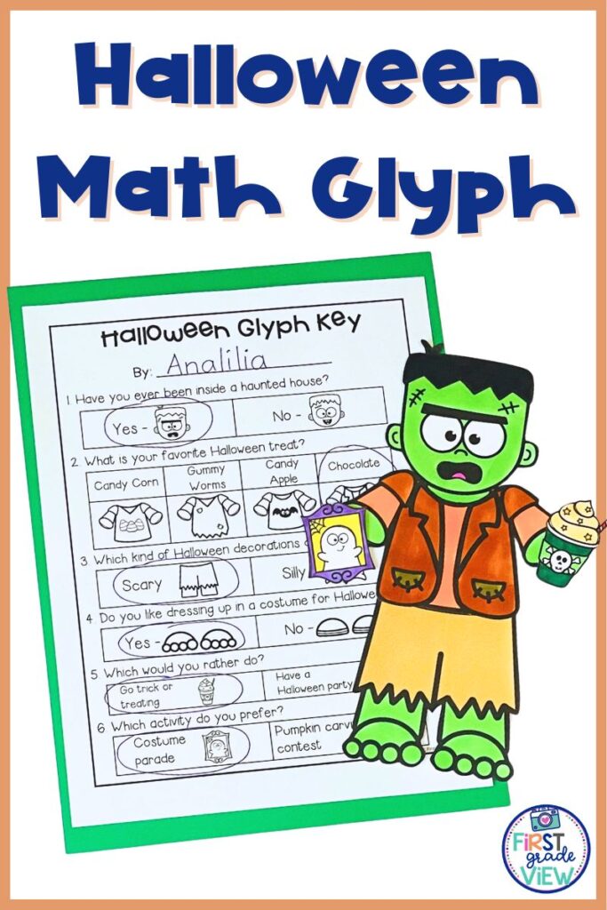 Image of a paper with questions for a Halloween math glyph and Frankenstein craft. 