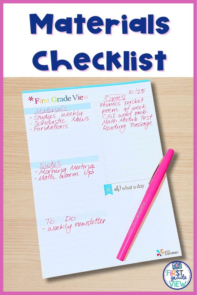 Image of a materials checklist for weekly lesson planning. 