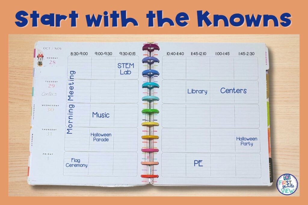 Image of a teacher planner spread where all the "knowns" have been filled in first like morning meeting, library, PE, etc. 