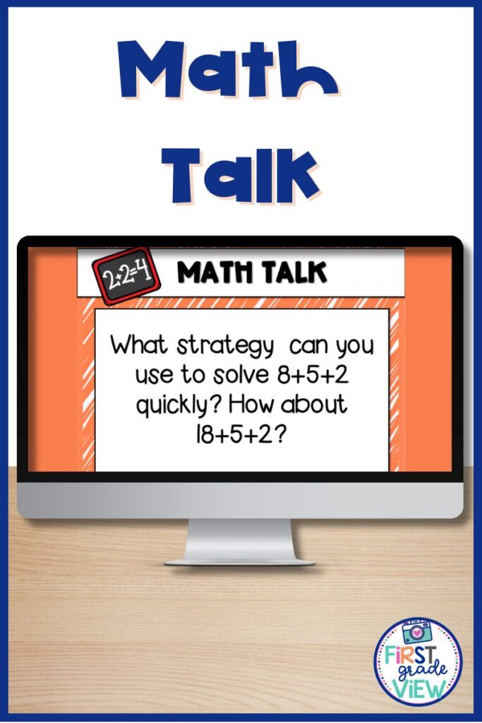 Image of a computer with the image of a math talk for first grader students. 