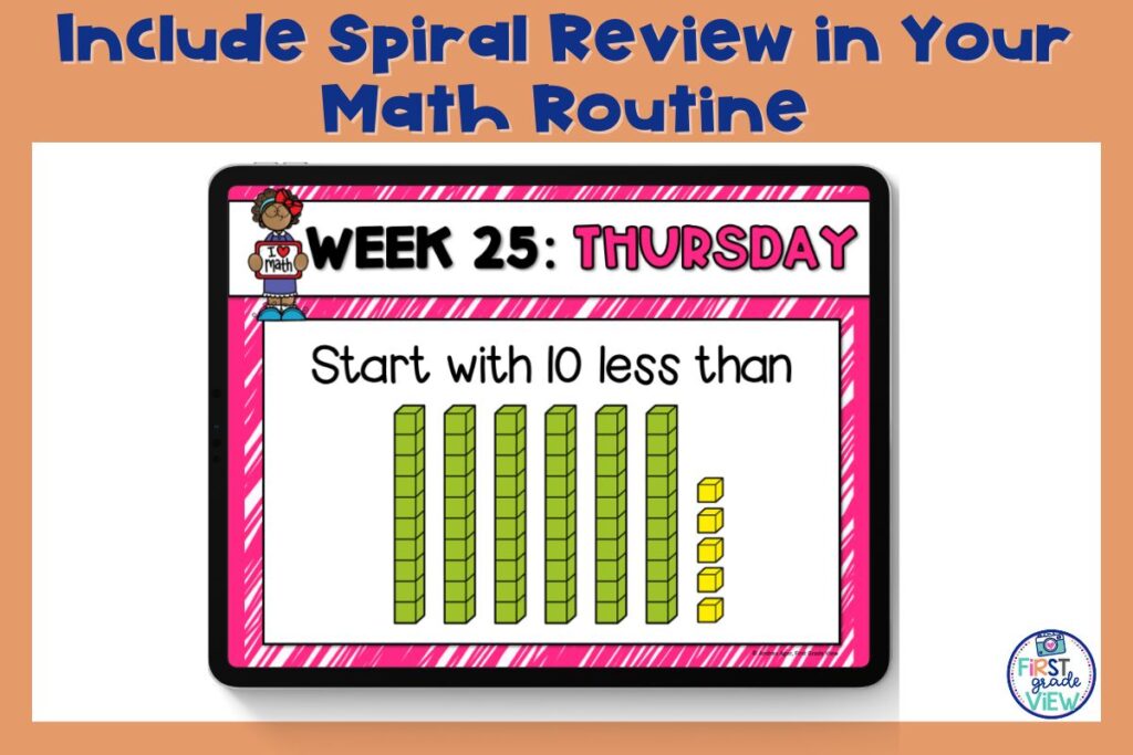 Image of an i-Pad with base ten blocks and a math prompt for students for a 120 chart number sense routine. 