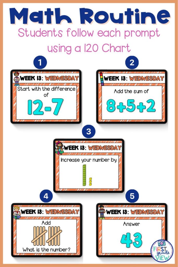 Image of a series of math prompts that students follow as part of a 120 chart number sense routine. 