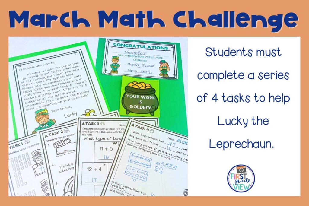 Image of the components of a first grade spring math challenge. 