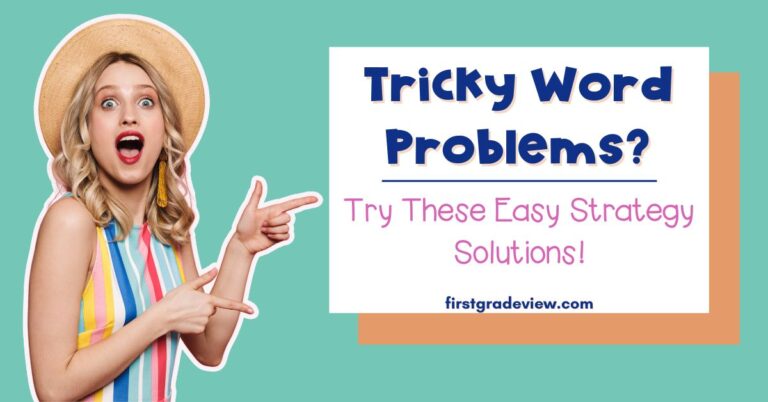 Image of a woman pointing to the blog title: Tricky Word Problems? Try these Strategy Solutions