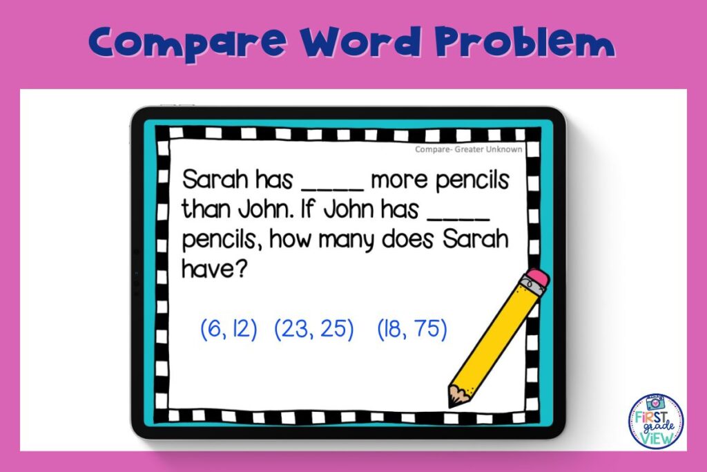 Image of an i-Pad with an example of a compare math word problem. 