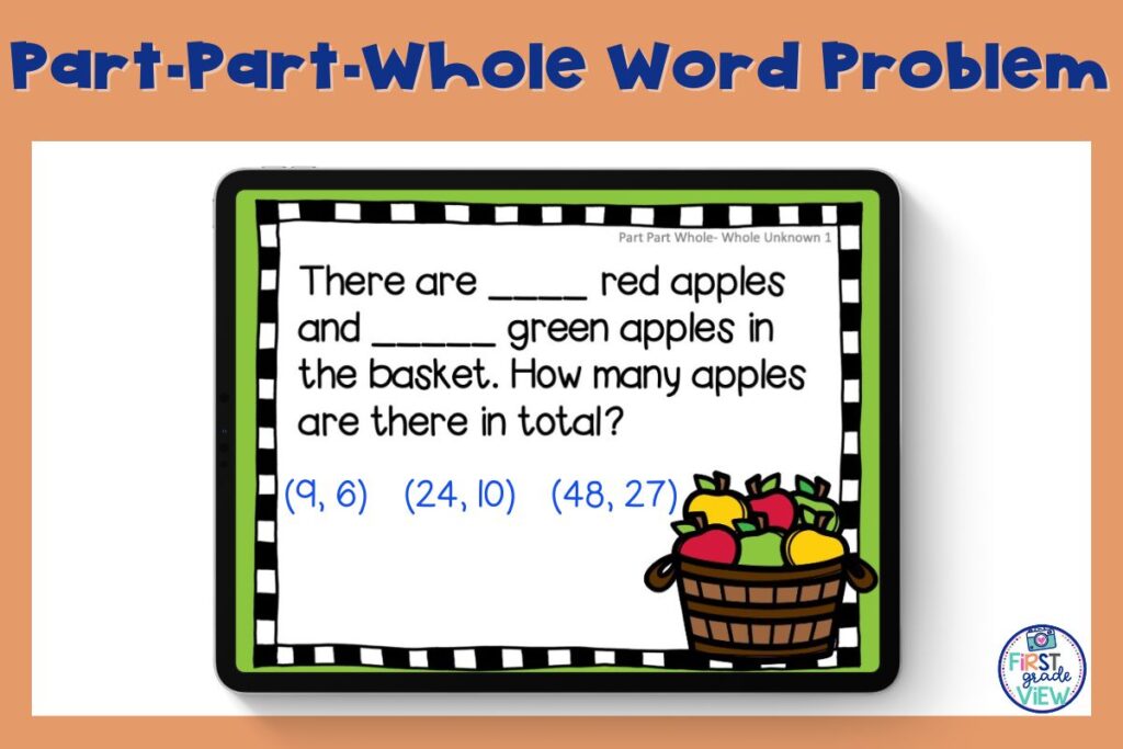 Image of an i-Pad with an example of tricky word problem: Part, part, whole. 