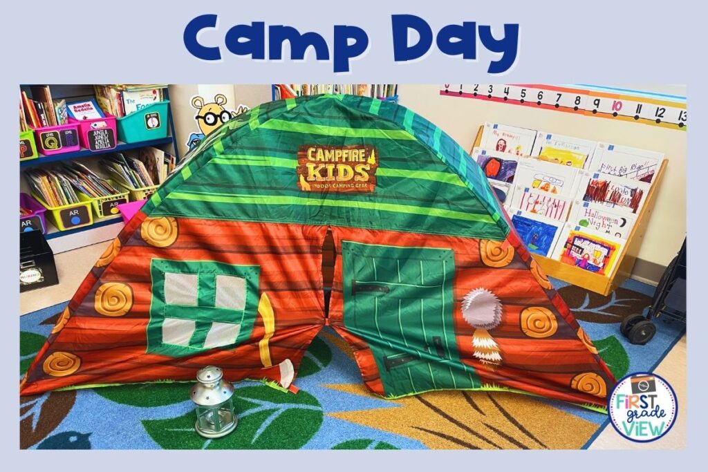 Image of a pop up tent in a first grade classroom for an end-of-the-year camp themed day. 