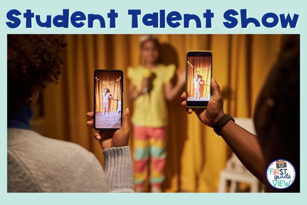 Image of a student on stage for a talent show and parents videoing her on their phones. 