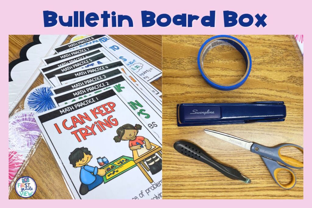 Image of bulletin boarders, 8 math practice posters, and bulletin board supplies like a stapler, staple remover, tape, and scissors that will be put into a box when packing up your classroom. 