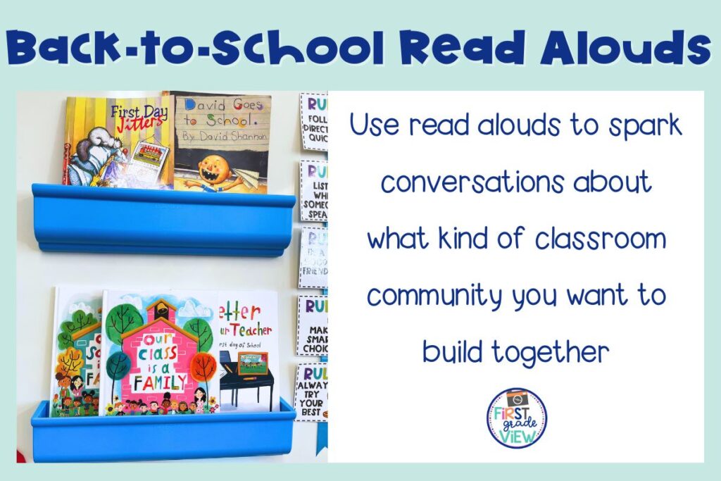 Image of back to school read aloud books used in a first grade classroom.
