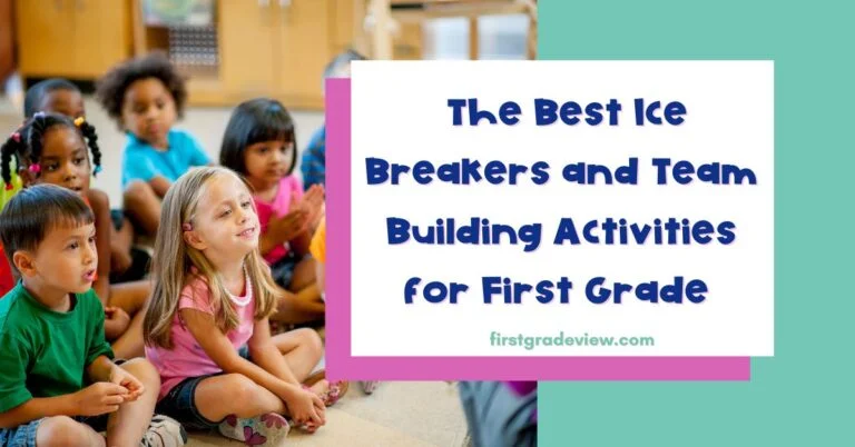 Image of students sitting on a rug in classroom with blog title: The Best Ice Breakers and Team Building Activities for First Grade.