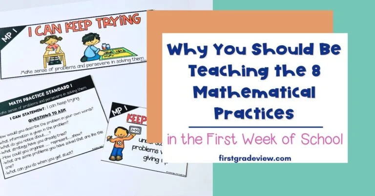 Image of a math practice poster and the blog title: Why You Should Be Teaching the 8 Mathematical Practices in the First Week of School.