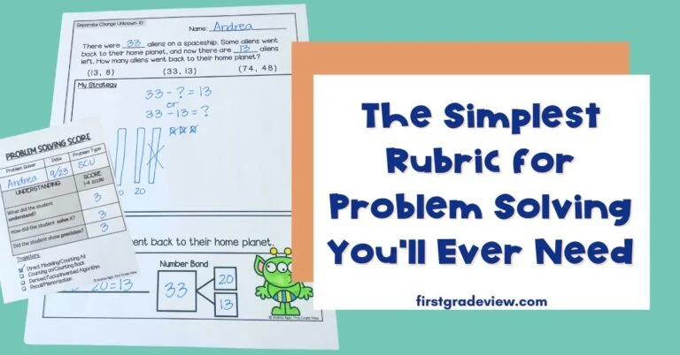 Image of a first grade word problem, rubric, and blog title: The Simplest Rubric for Problem Solving You'll Ever Need.