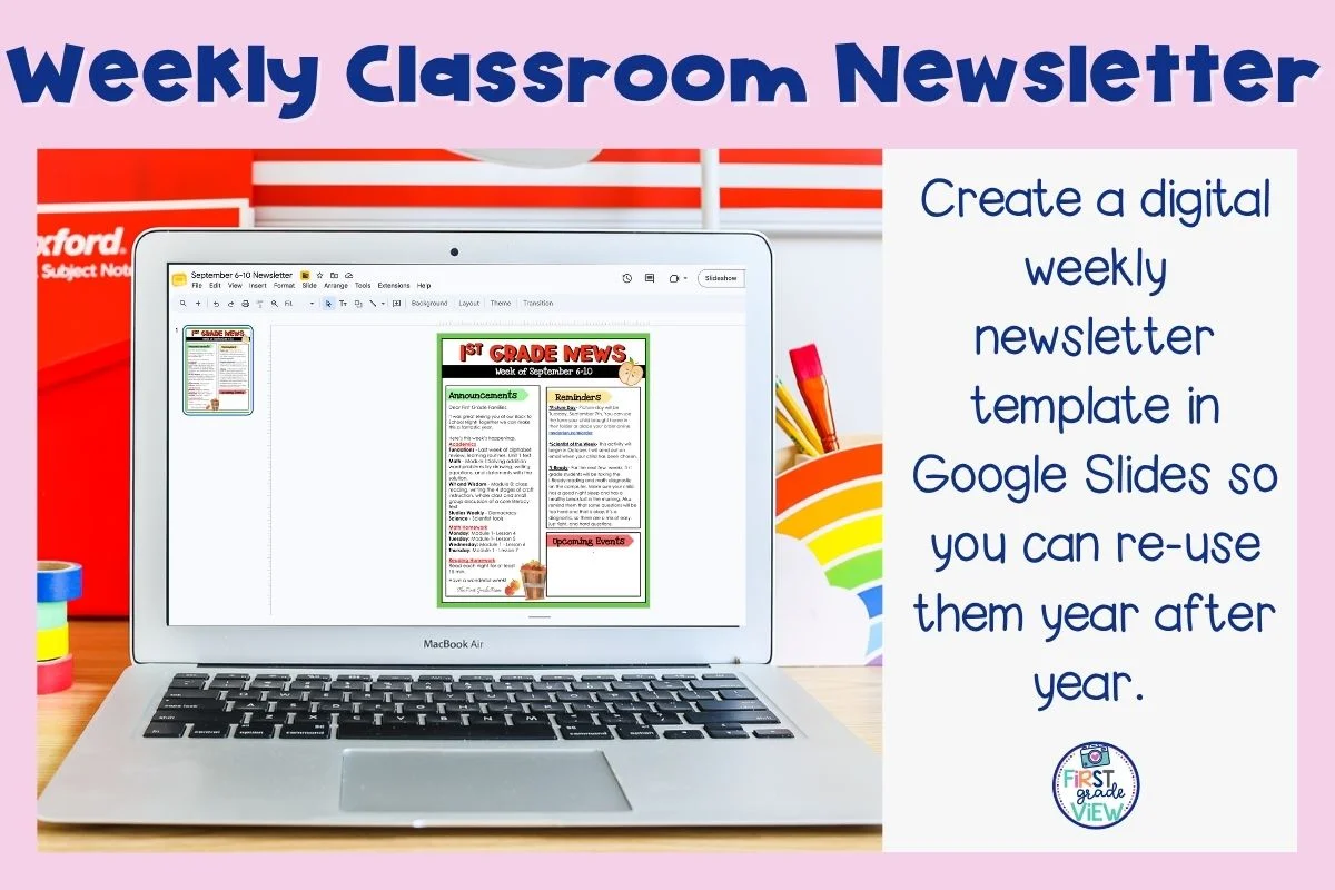 Image of a computer with a newsletter opened in Google Slides.